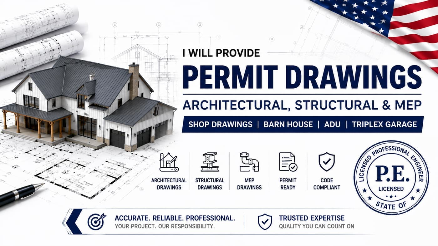 ArchPermits permit drawings covering architectural, structural, and MEP — shop drawings, barn houses, ADUs, and triplex garages.