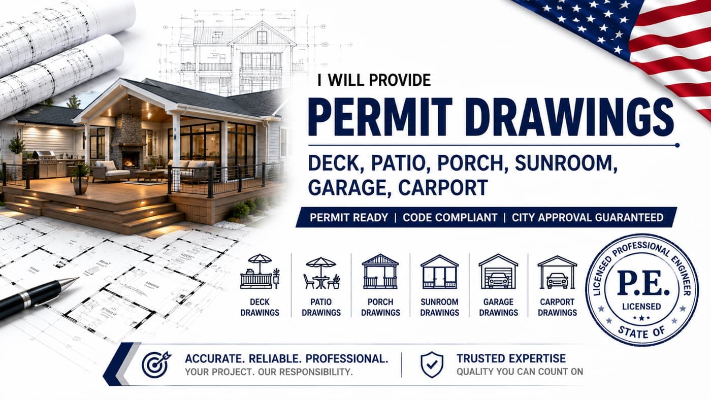 ArchPermits permit drawing services for decks, patios, porches, sunrooms, garages, and carports — permit ready, code compliant, city approval guaranteed.