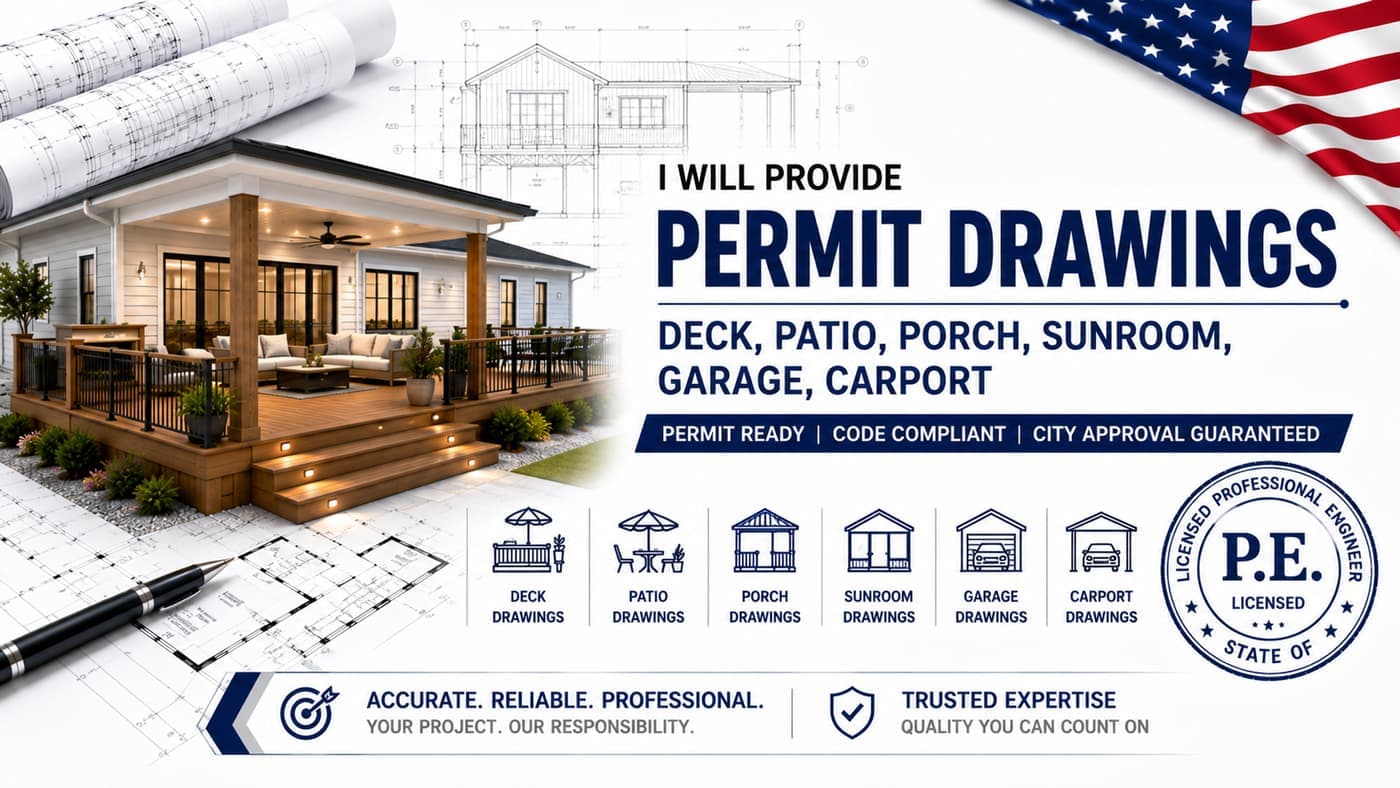 ArchPermits permit drawing services for decks, patios, porches, sunrooms, garages, and carports — permit ready, code compliant, city approval guaranteed.